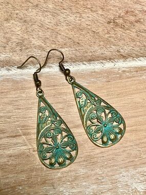 Copper Teardrop Filigree Earrings with Turquoise Patina